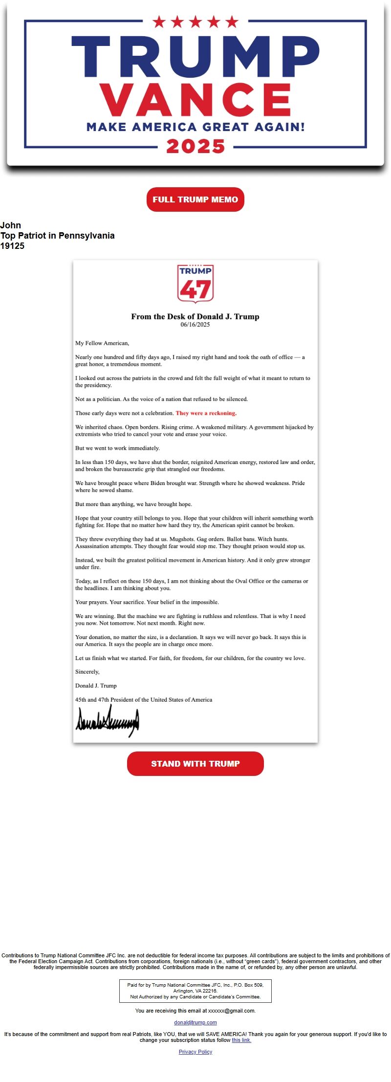 Screenshot of the email generated on import