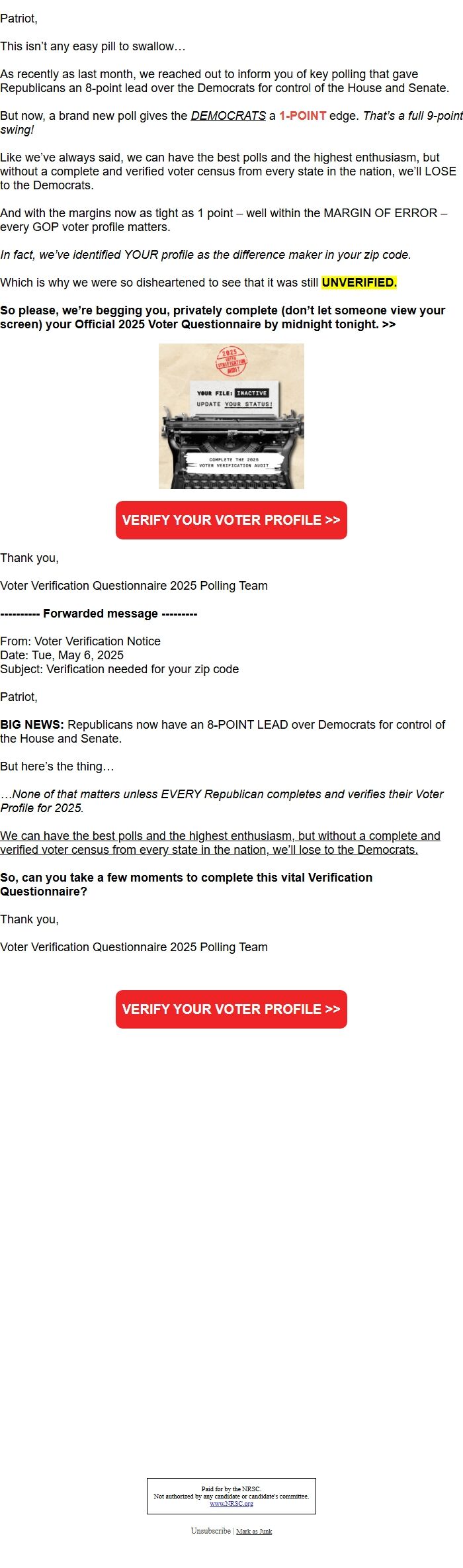 Screenshot of the email generated on import