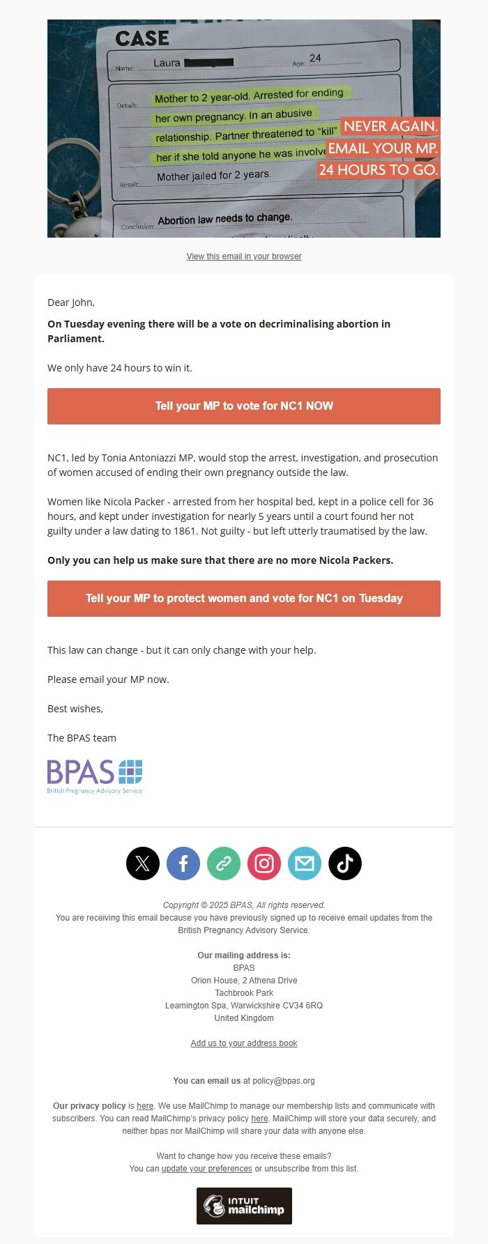 Screenshot of the email generated on import