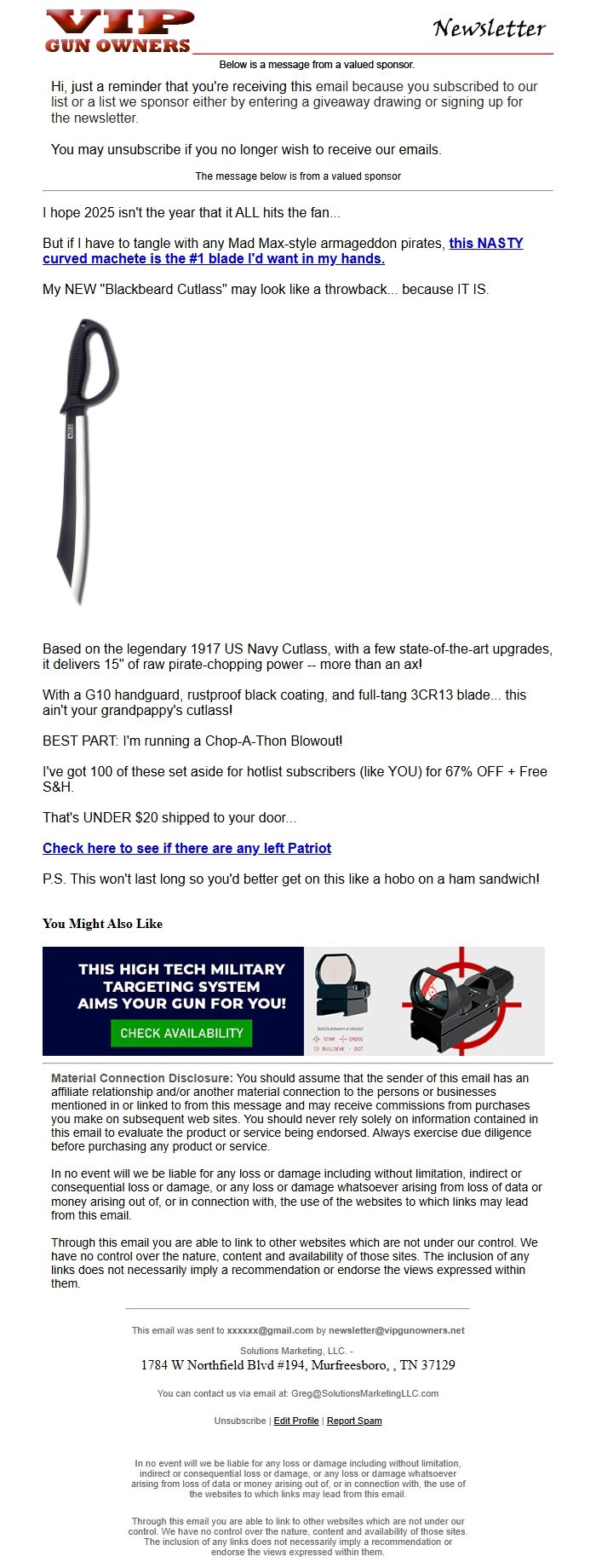Screenshot of the email generated on import