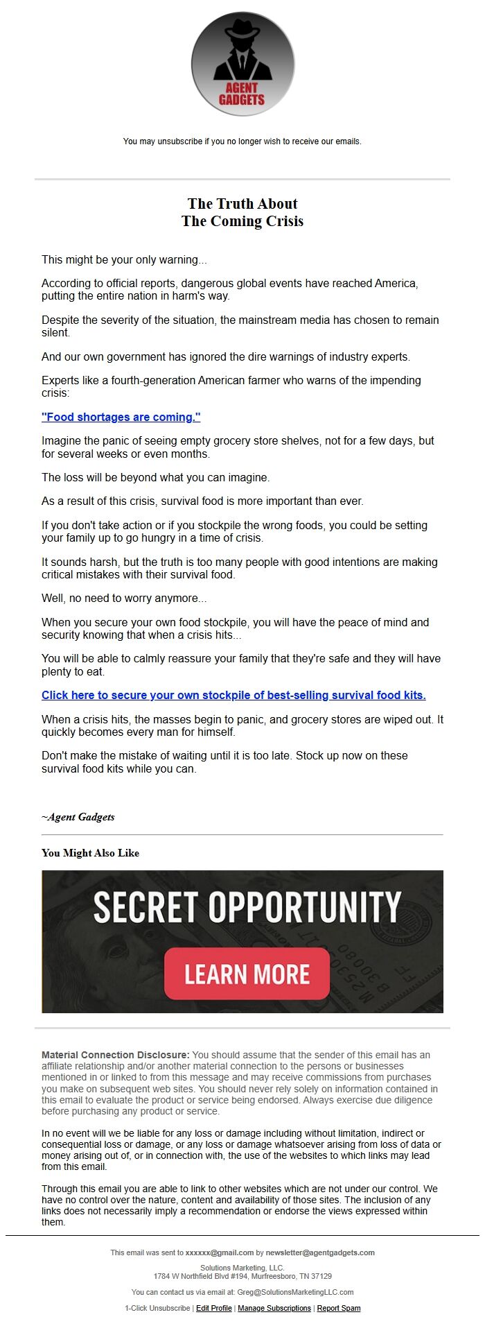 Screenshot of the email generated on import