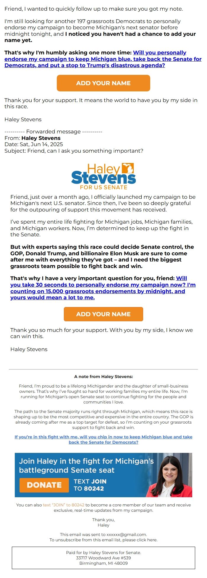 Screenshot of the email generated on import