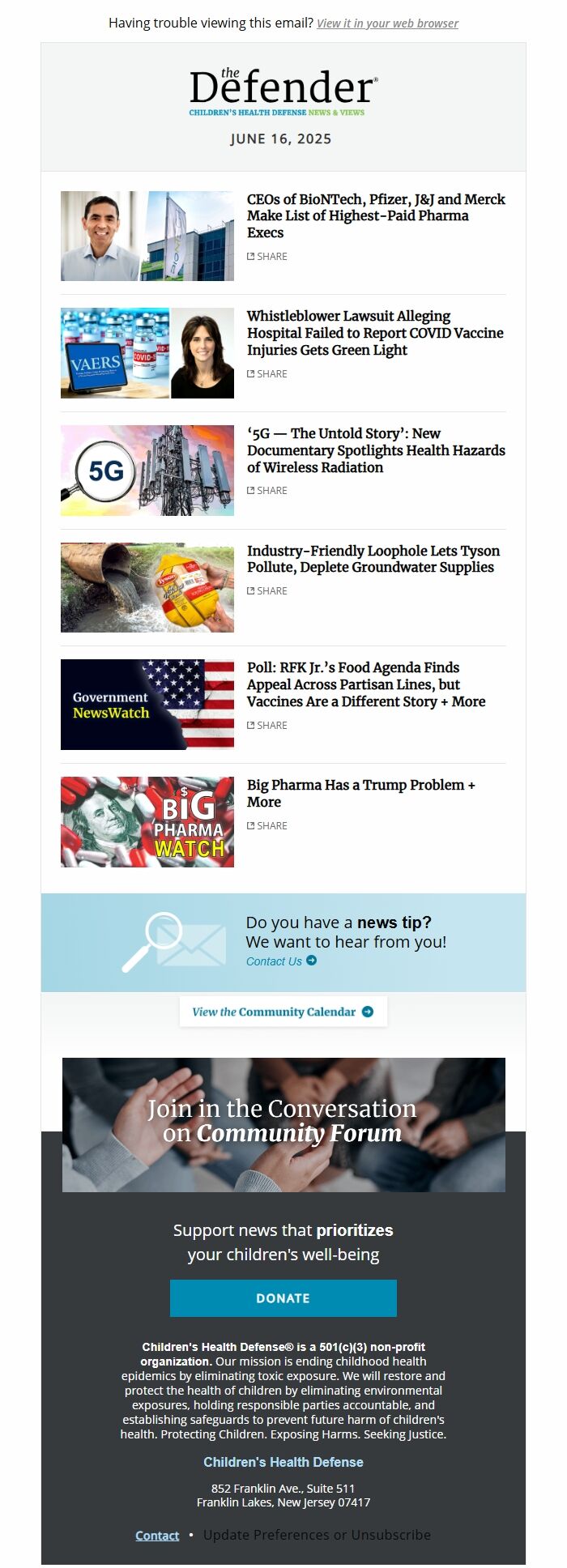 Screenshot of the email generated on import