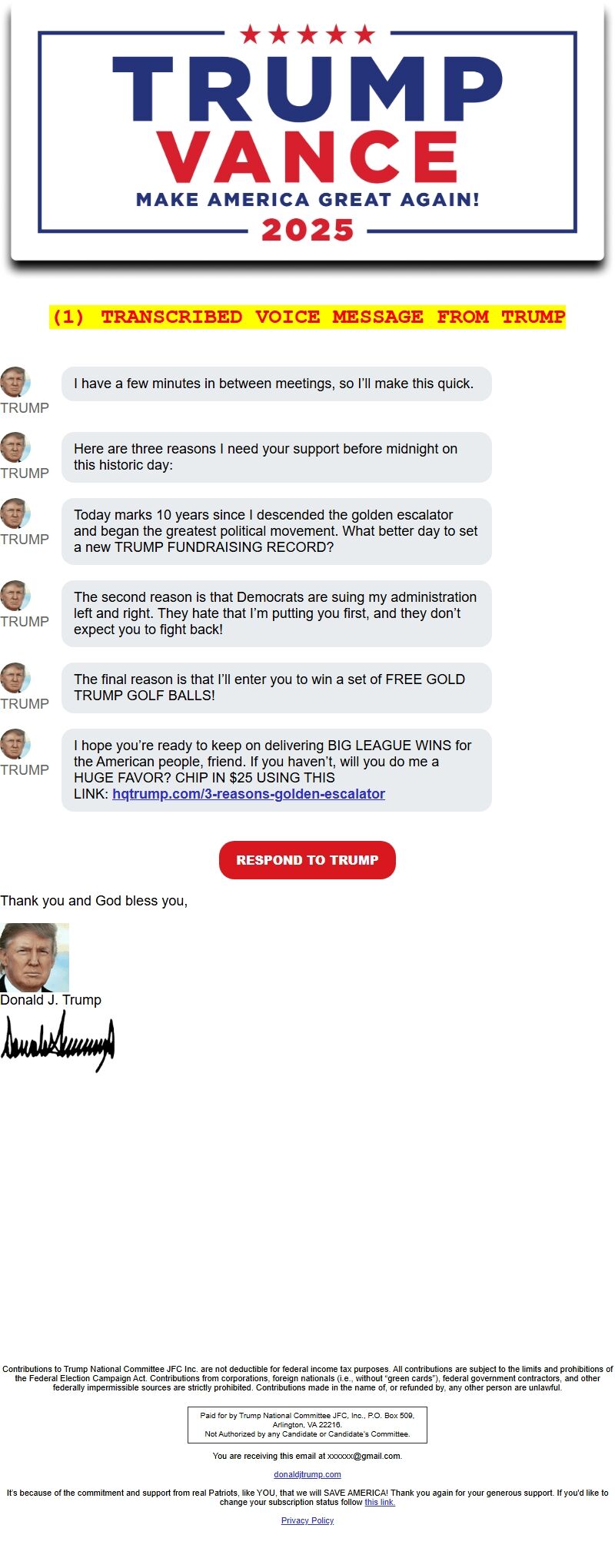 Screenshot of the email generated on import