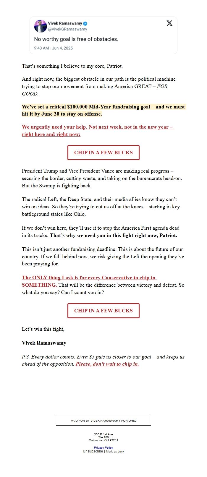 Screenshot of the email generated on import