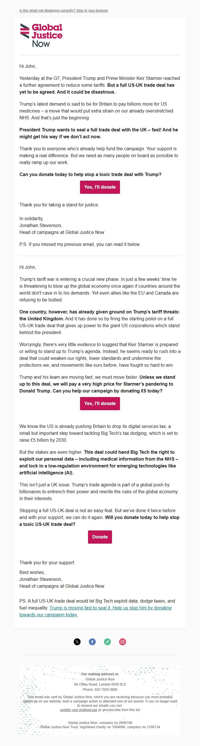 Screenshot of the email generated on import
