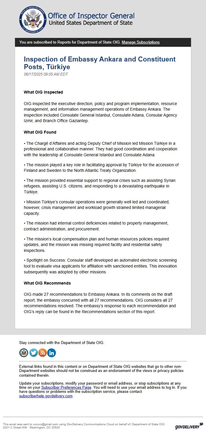 Screenshot of the email generated on import