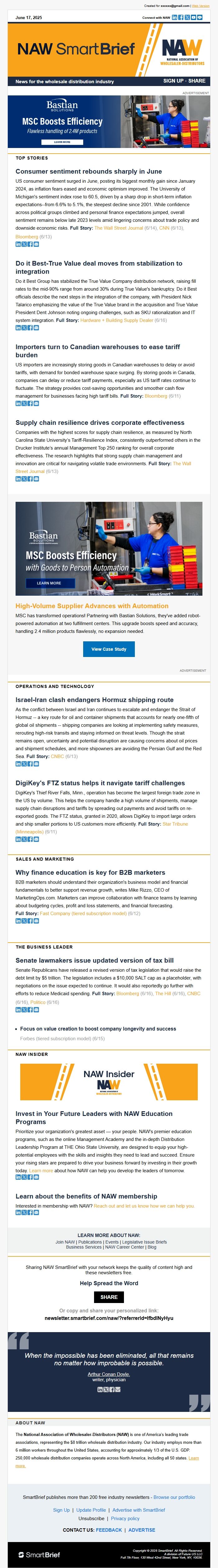 Screenshot of the email generated on import