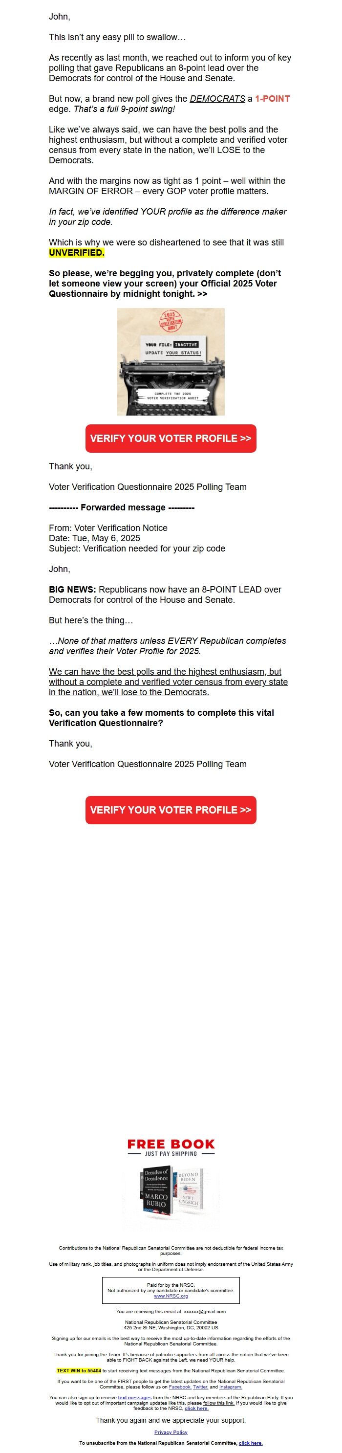 Screenshot of the email generated on import