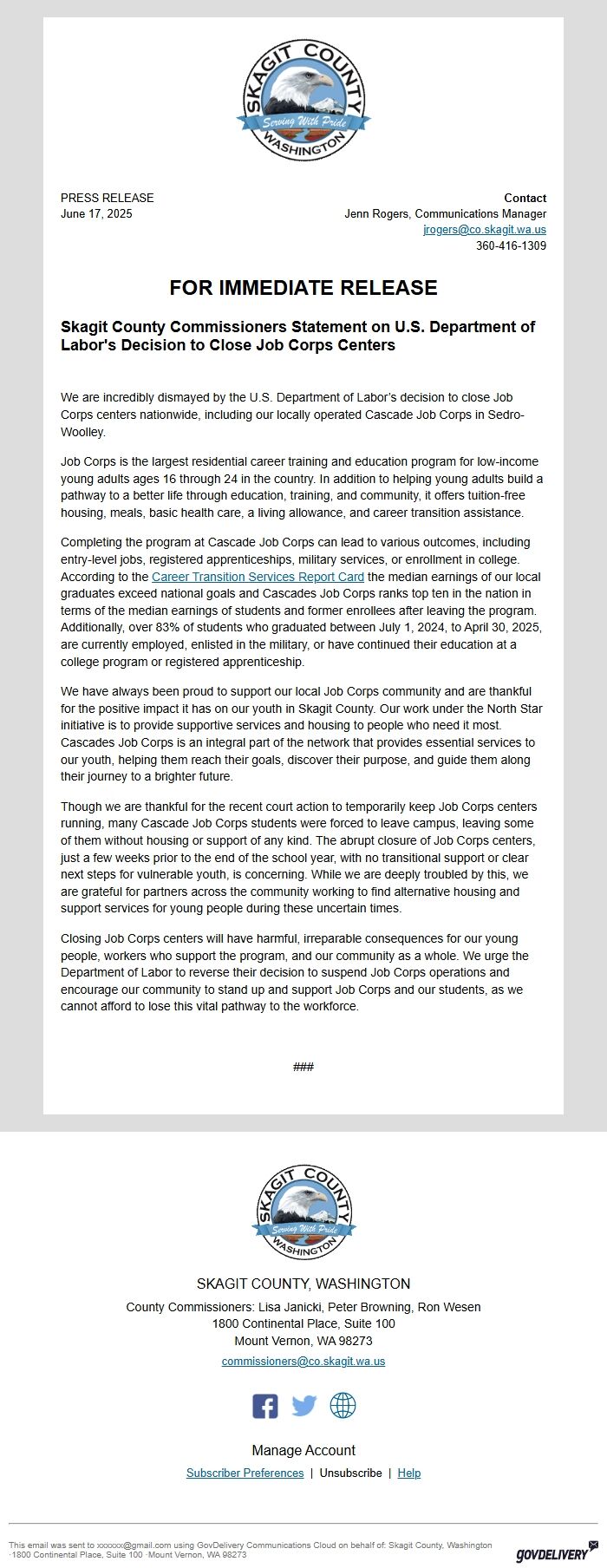 Screenshot of the email generated on import