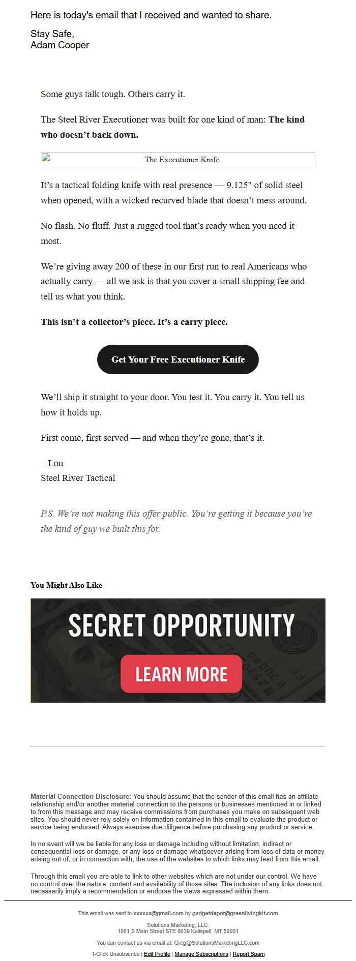 Screenshot of the email generated on import