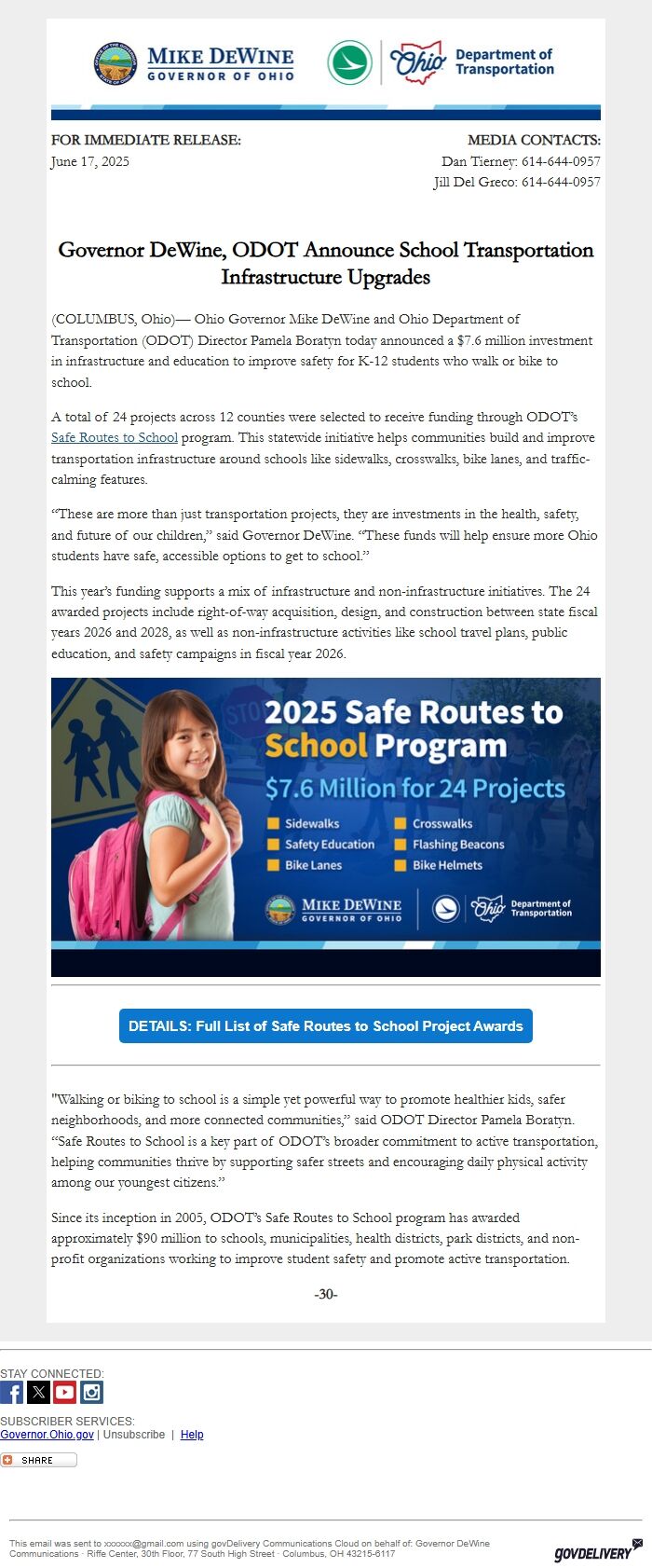 Screenshot of the email generated on import