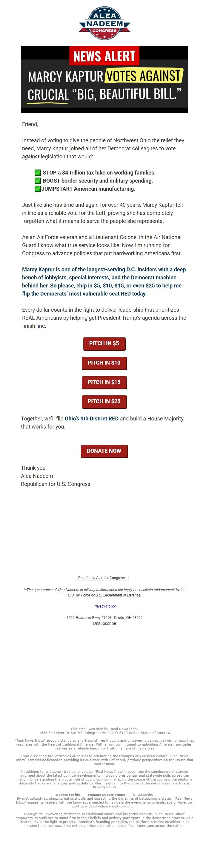 Screenshot of the email generated on import