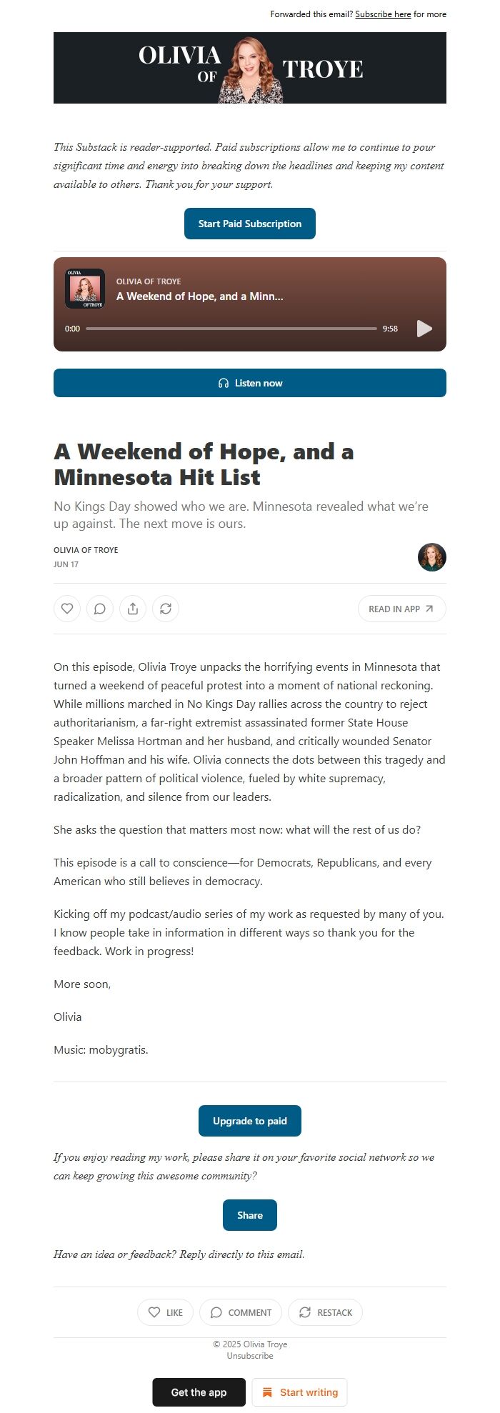 Screenshot of the email generated on import