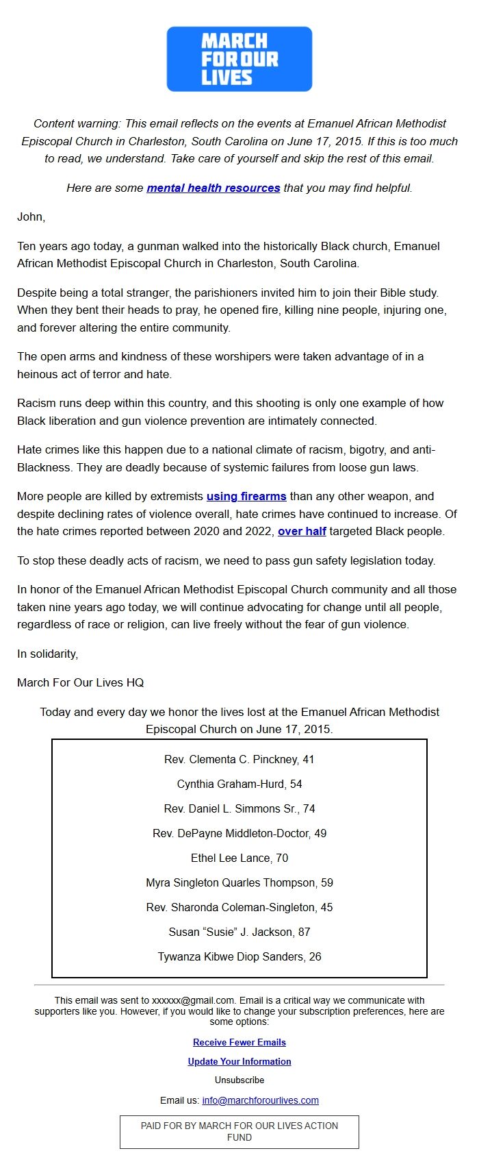 Screenshot of the email generated on import