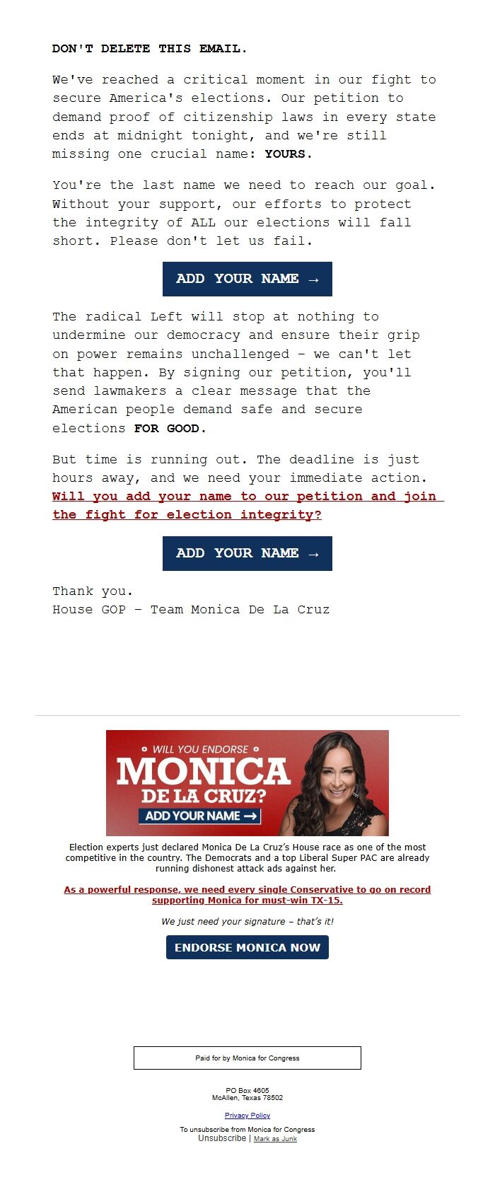 Screenshot of the email generated on import