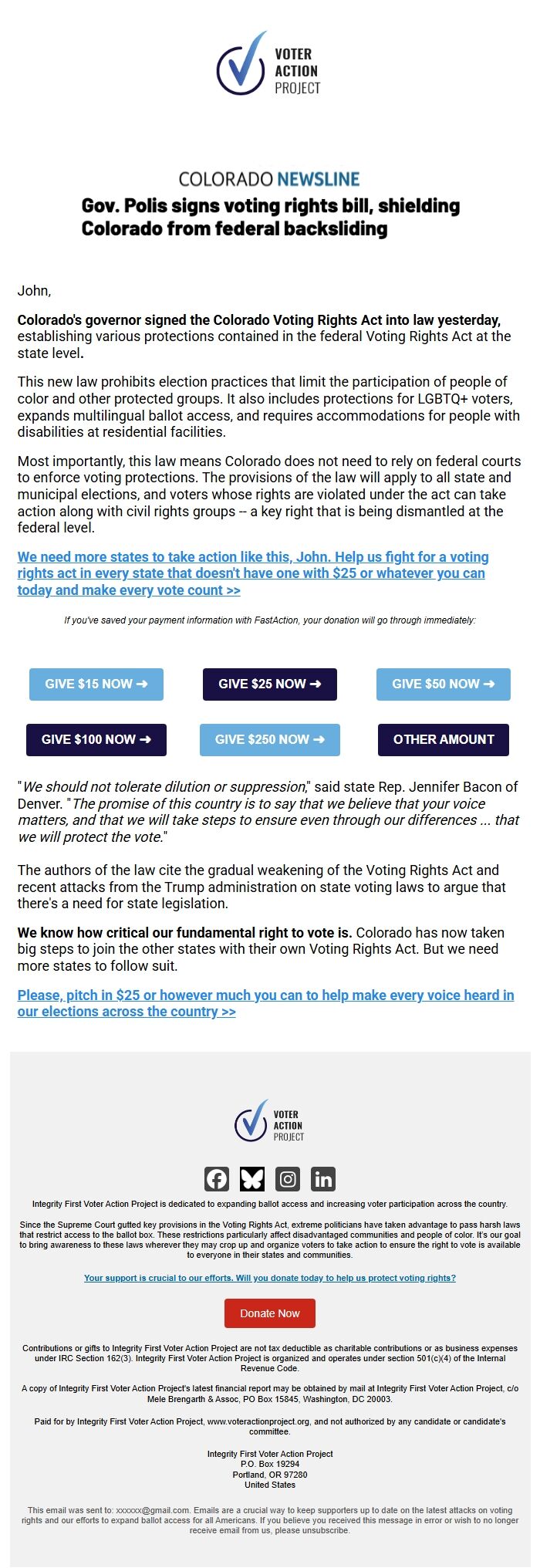 Screenshot of the email generated on import