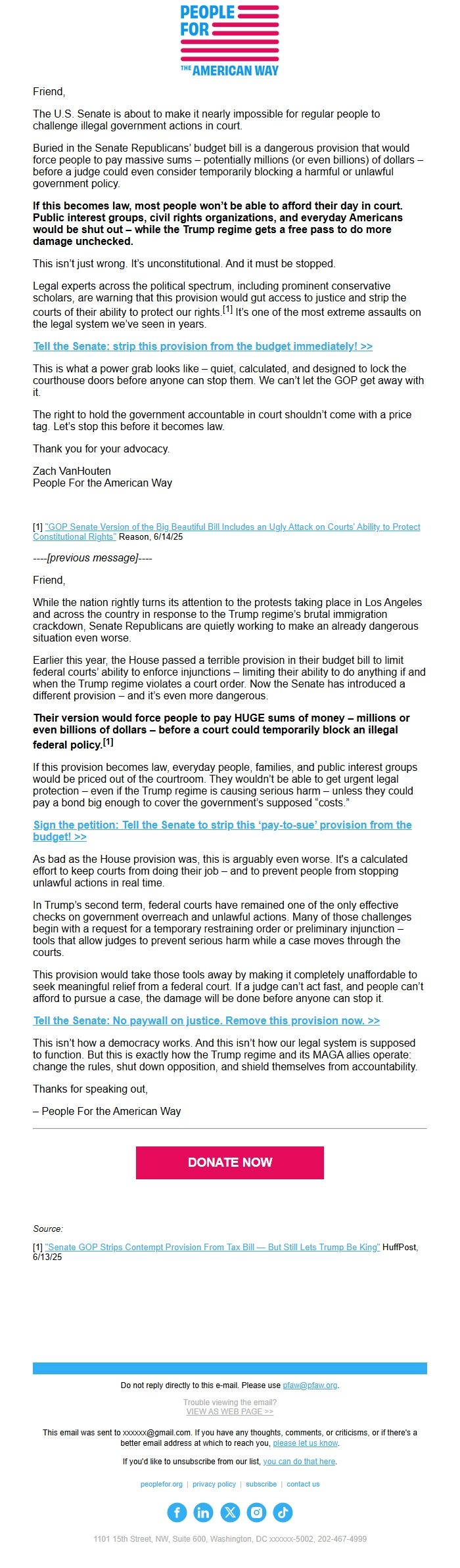 Screenshot of the email generated on import