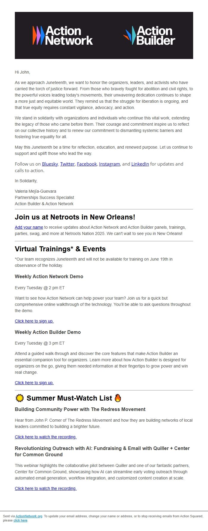 Screenshot of the email generated on import