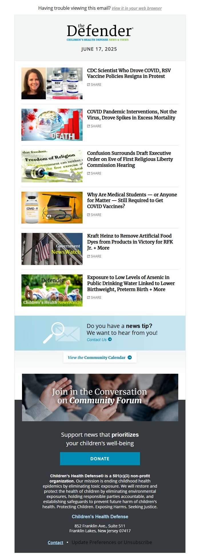 Screenshot of the email generated on import