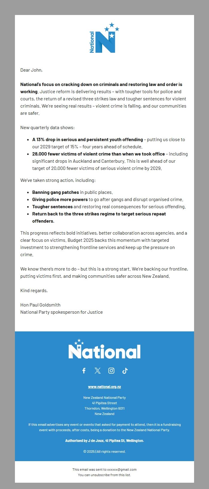 Screenshot of the email generated on import