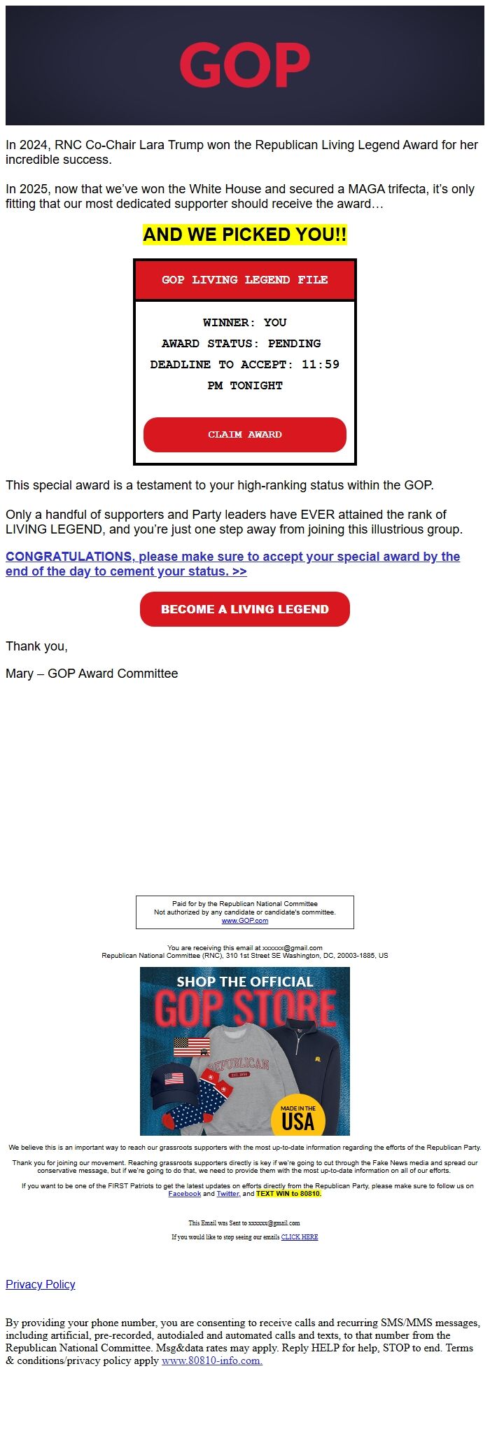 Screenshot of the email generated on import
