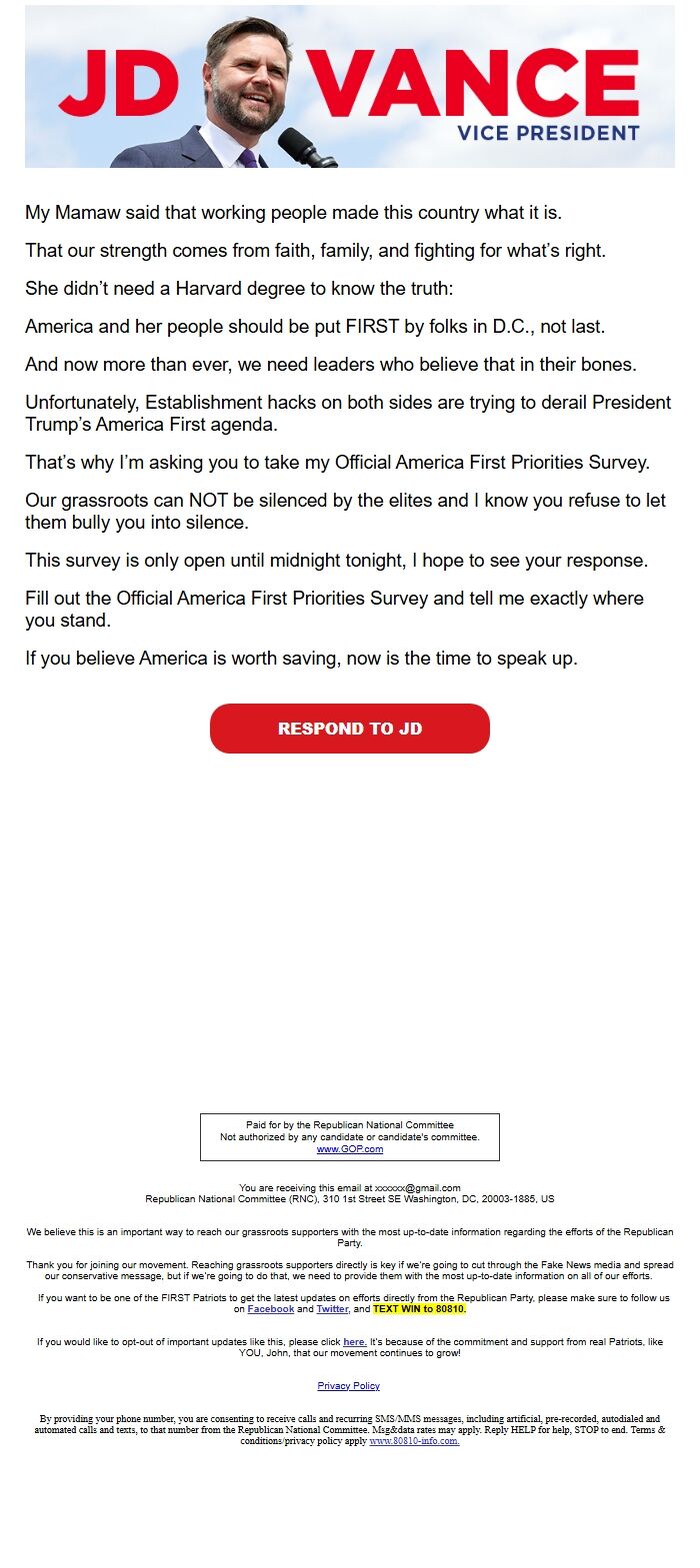 Screenshot of the email generated on import