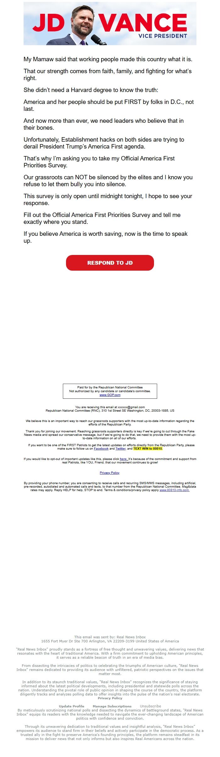 Screenshot of the email generated on import