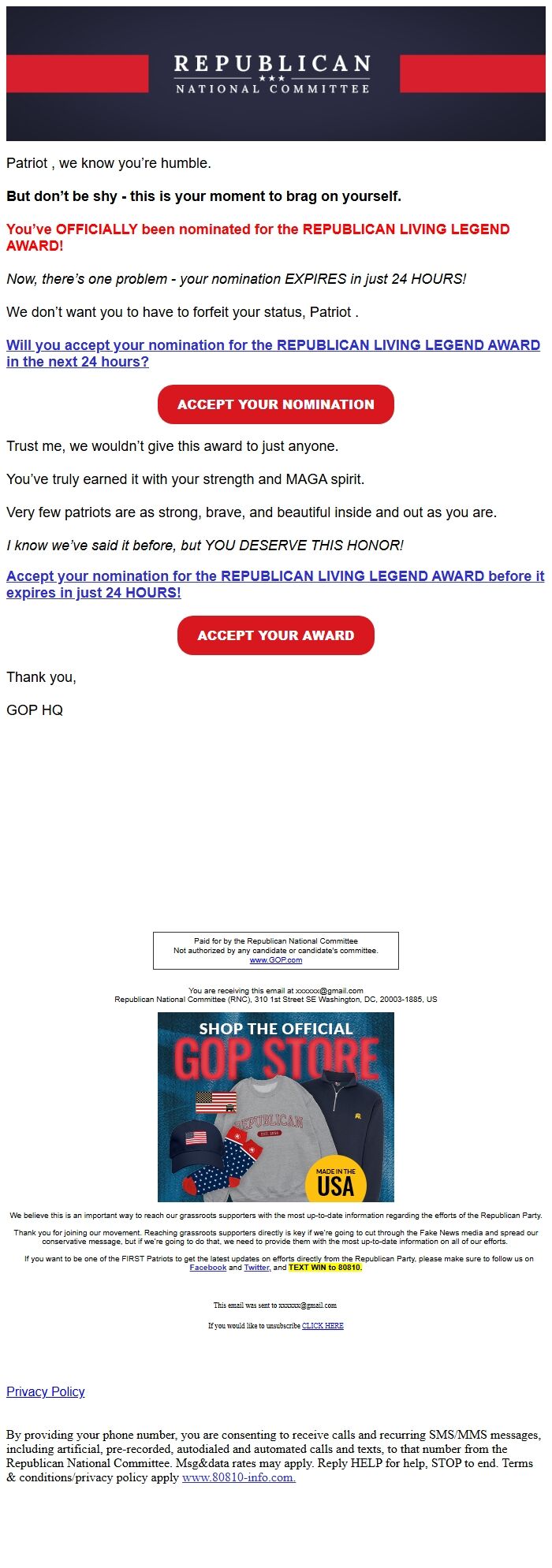Screenshot of the email generated on import