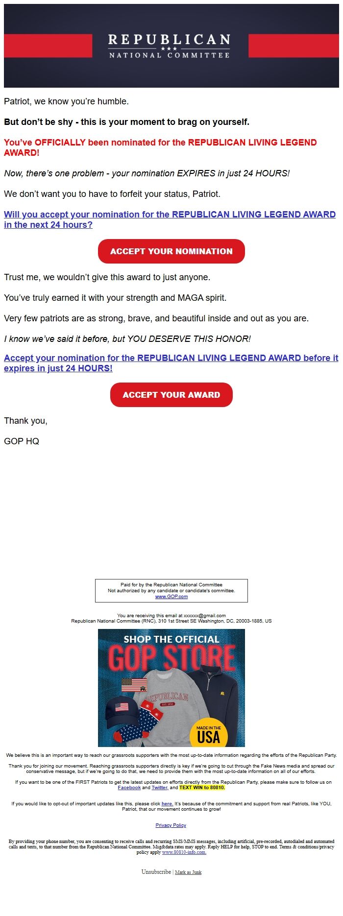 Screenshot of the email generated on import
