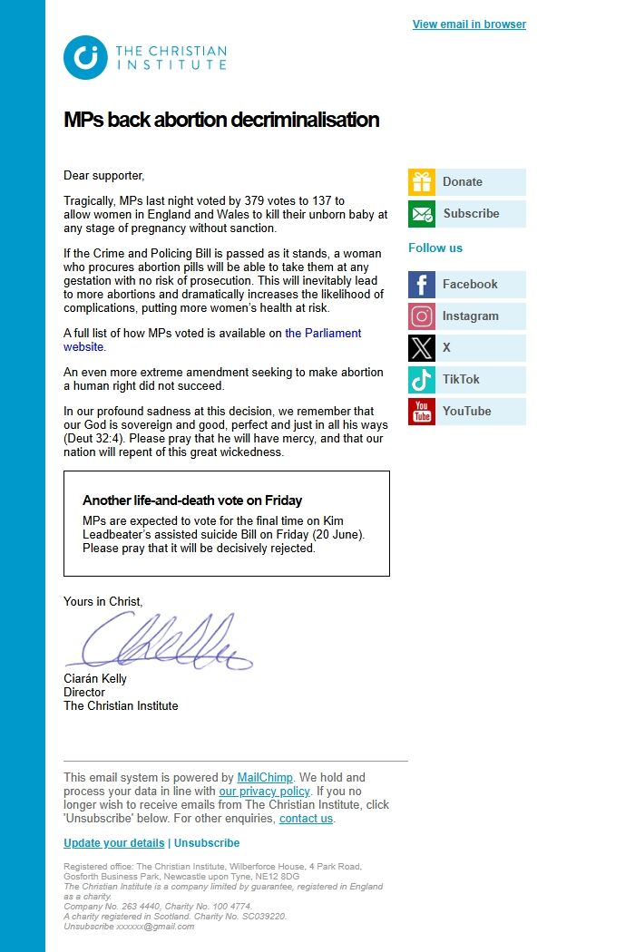 Screenshot of the email generated on import