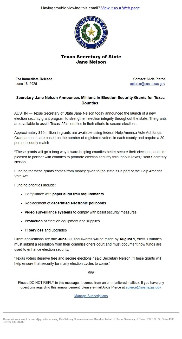 Screenshot of the email generated on import
