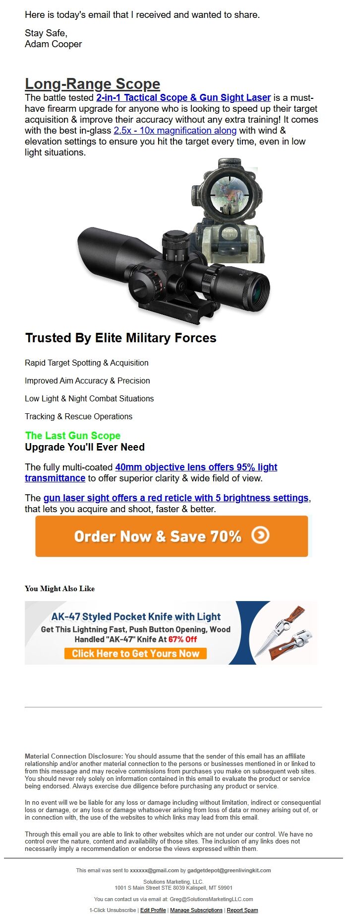Screenshot of the email generated on import