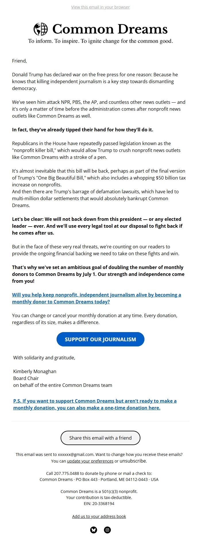 Screenshot of the email generated on import