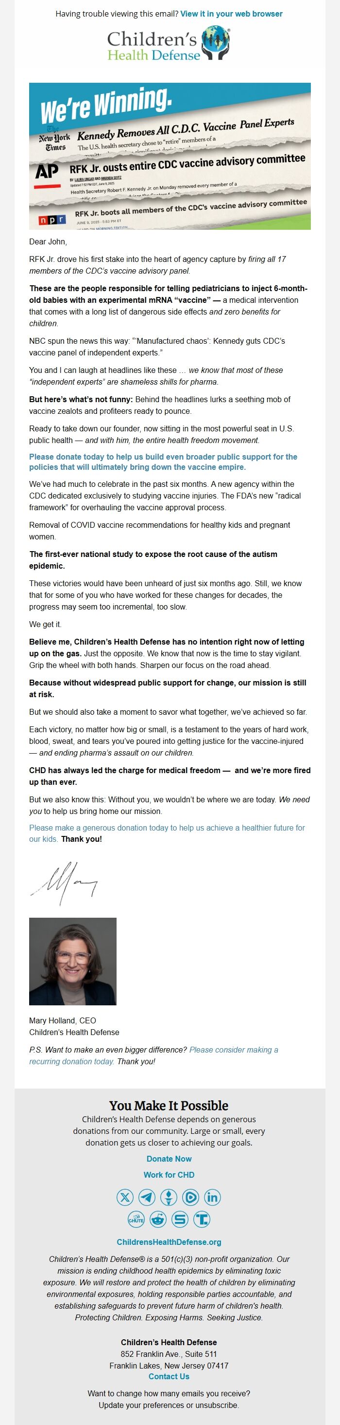 Screenshot of the email generated on import