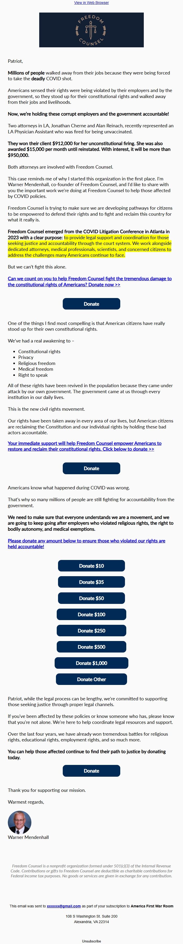 Screenshot of the email generated on import