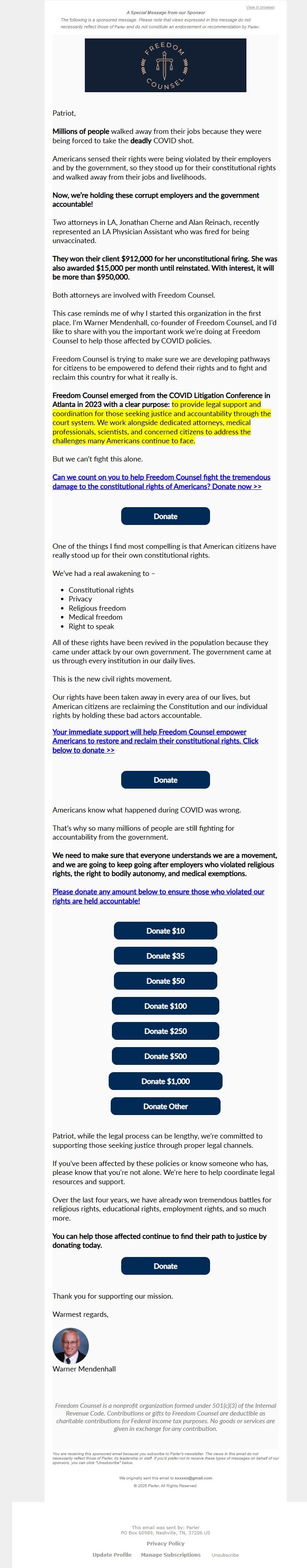 Screenshot of the email generated on import