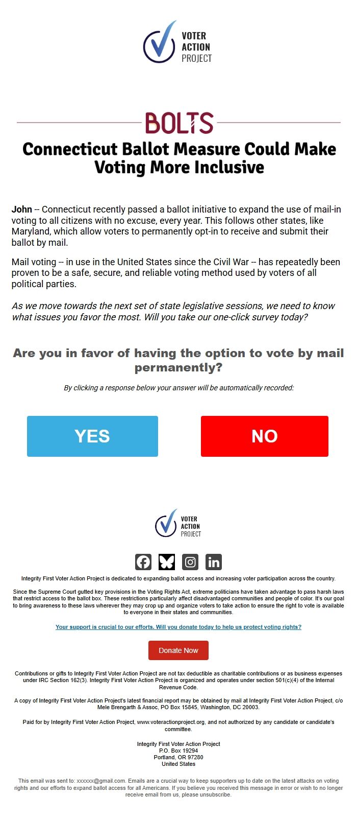 Screenshot of the email generated on import