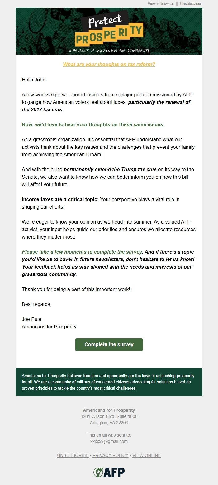 Screenshot of the email generated on import