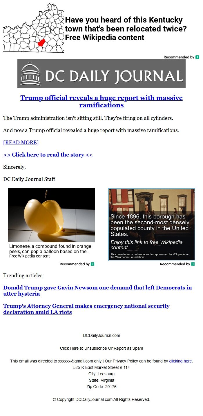Screenshot of the email generated on import