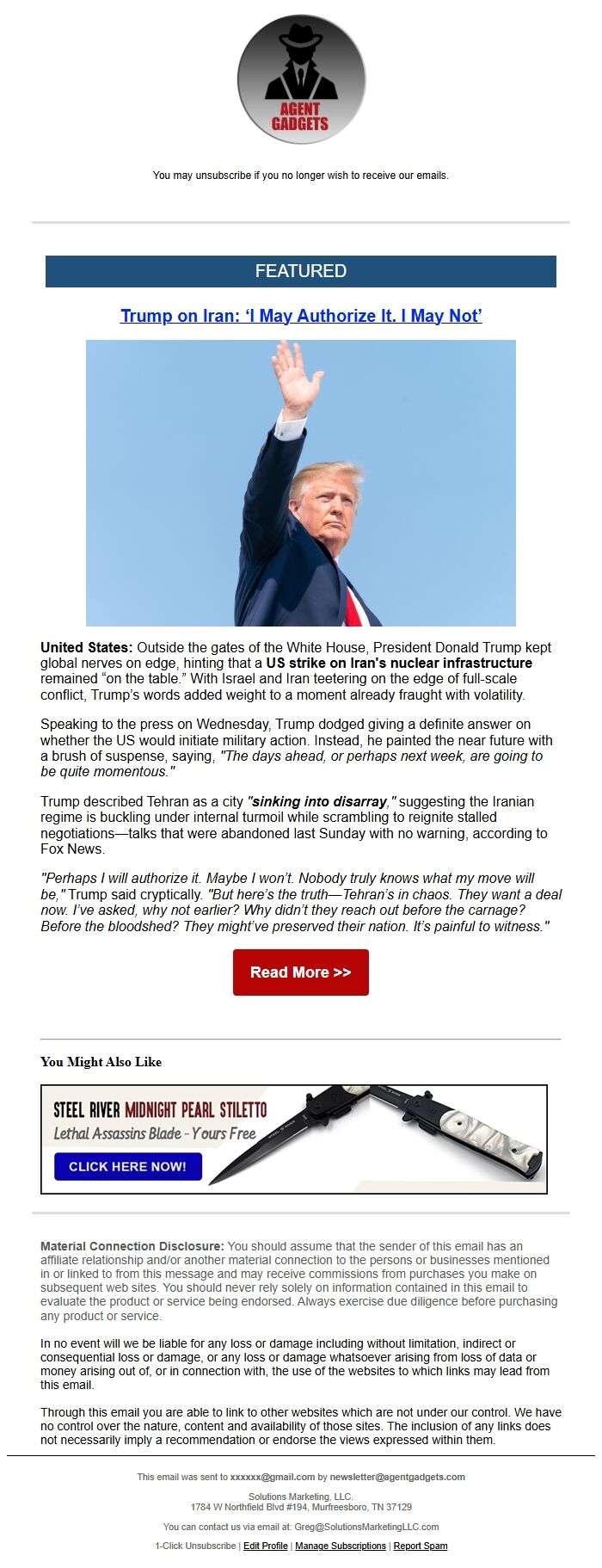 Screenshot of the email generated on import