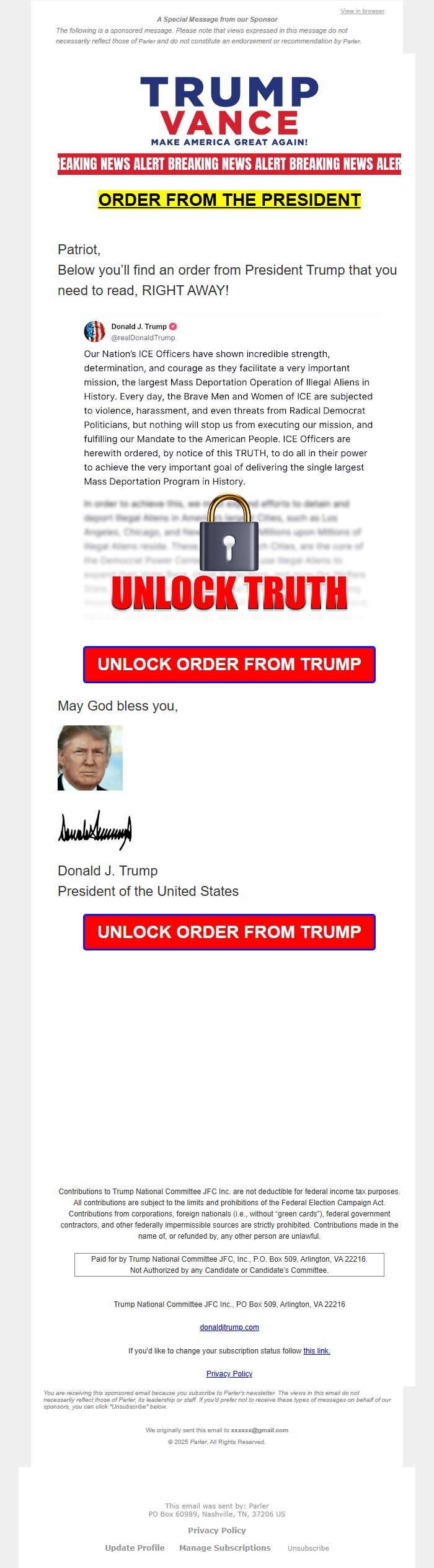 Screenshot of the email generated on import