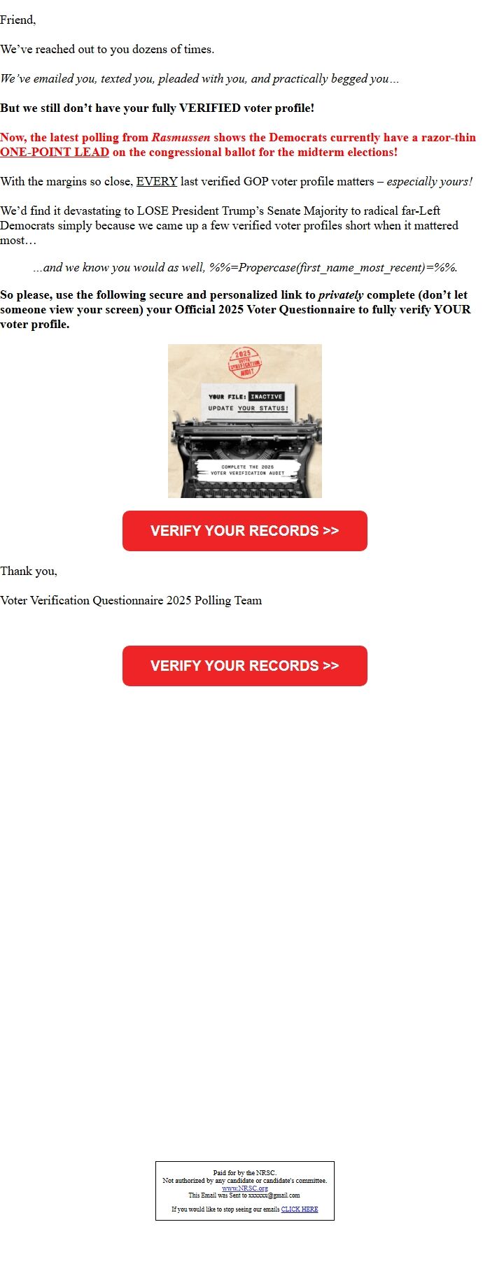 Screenshot of the email generated on import