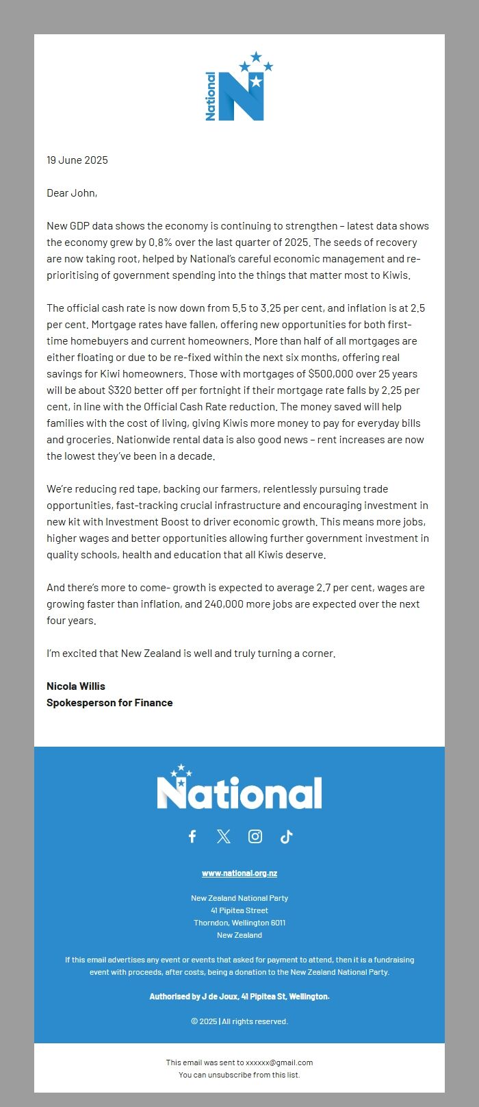 Screenshot of the email generated on import