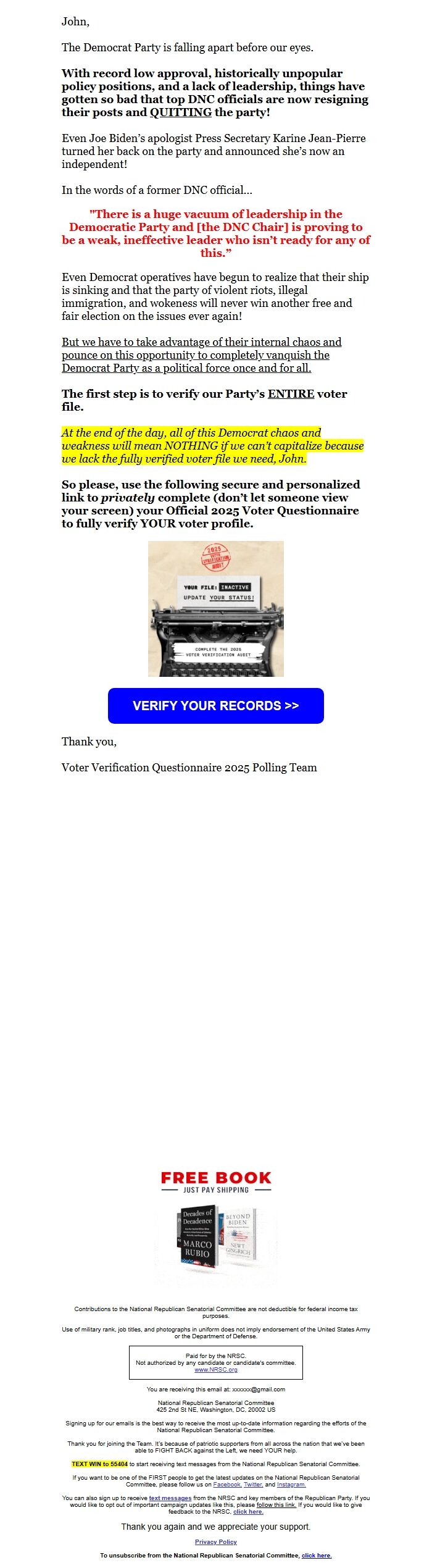 Screenshot of the email generated on import