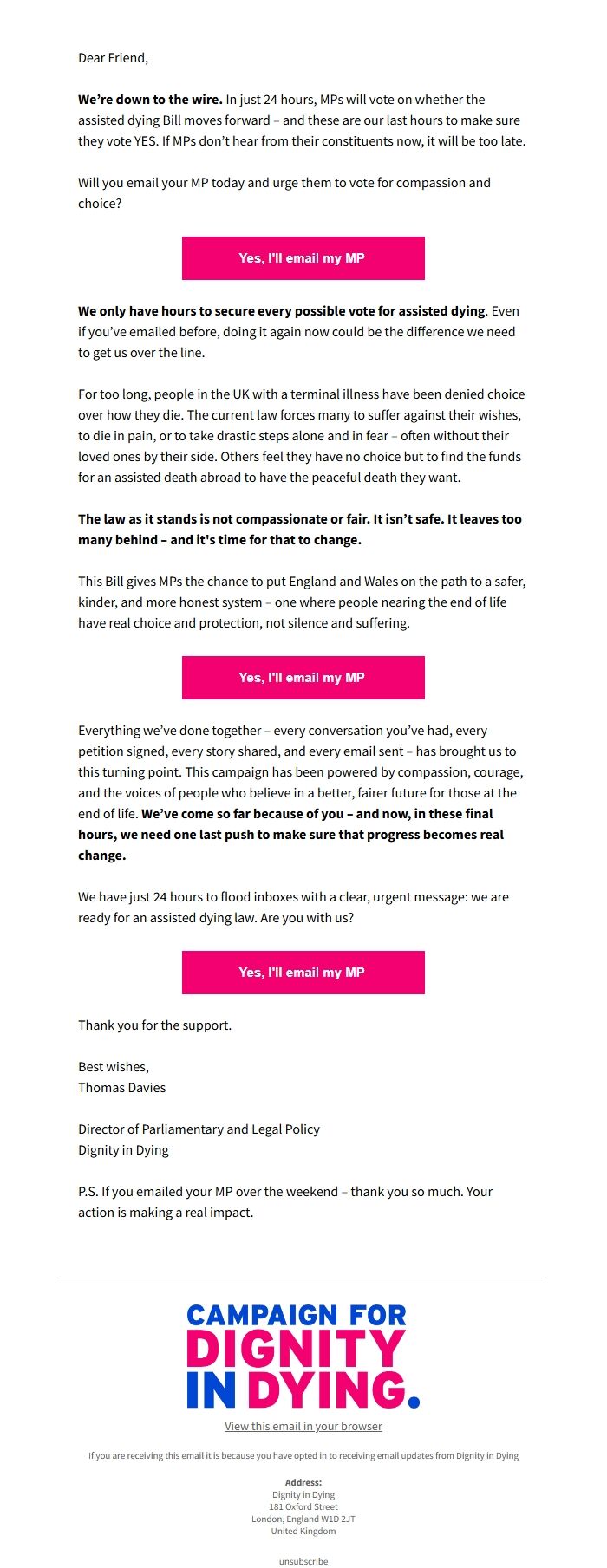Screenshot of the email generated on import