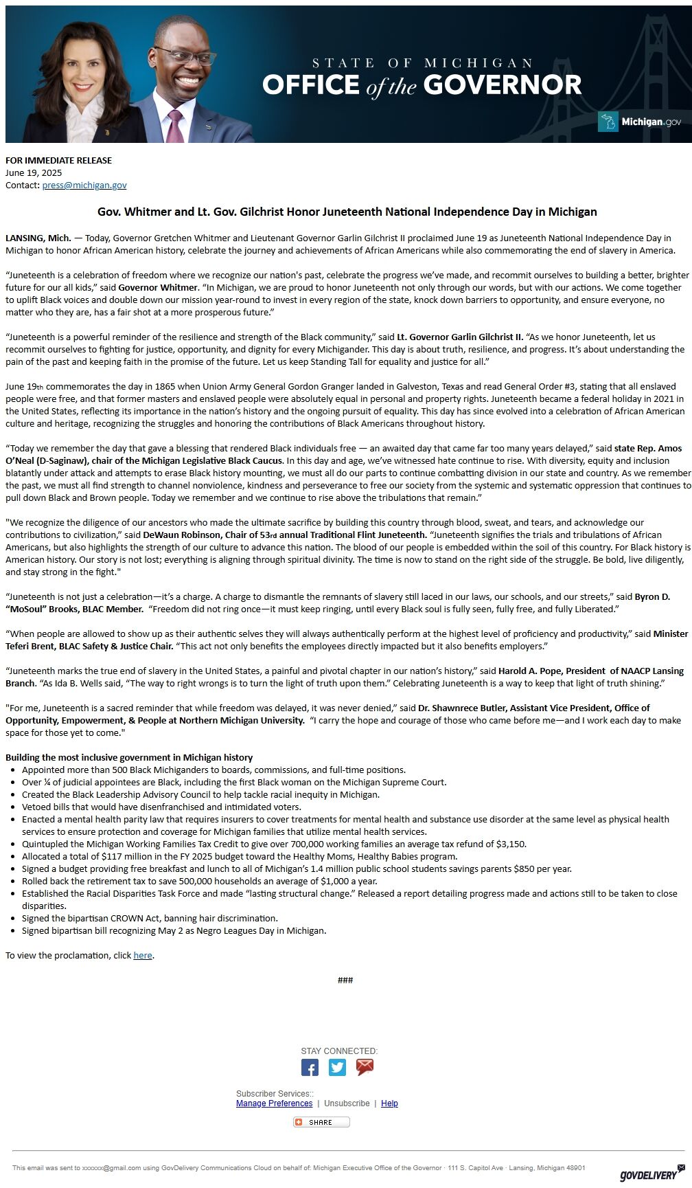 Screenshot of the email generated on import
