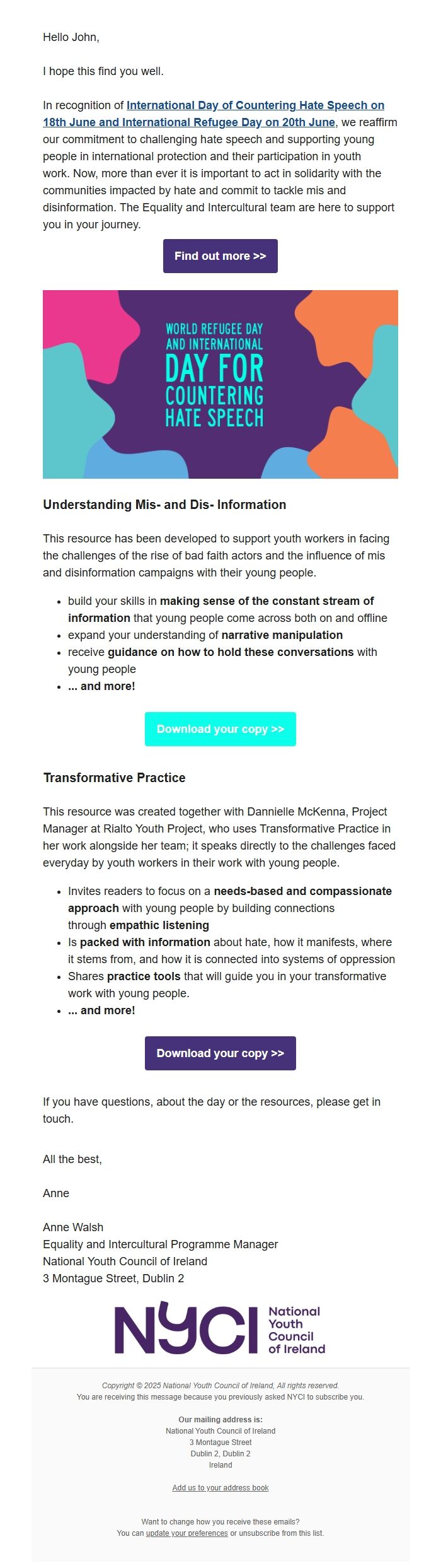 Screenshot of the email generated on import