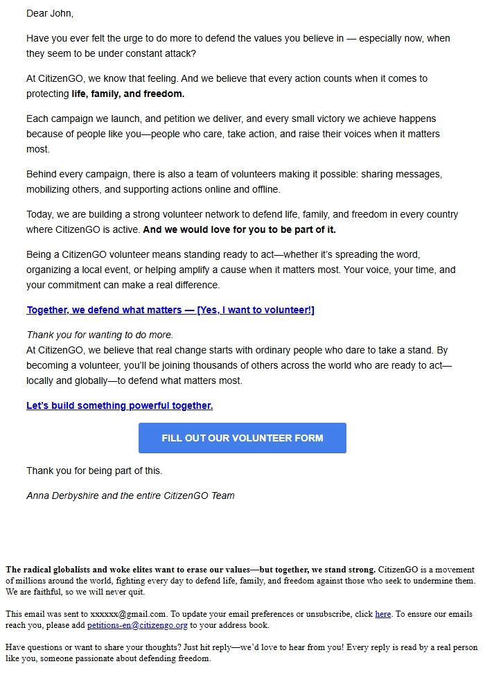 Screenshot of the email generated on import