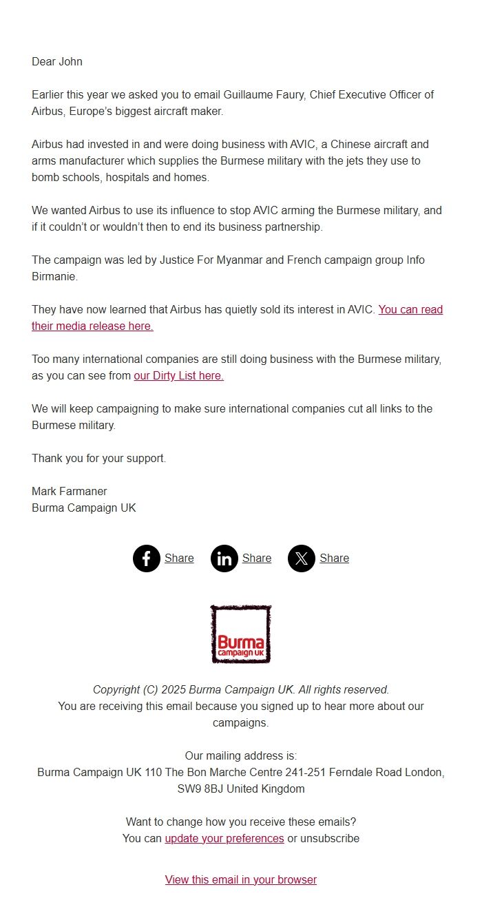 Screenshot of the email generated on import